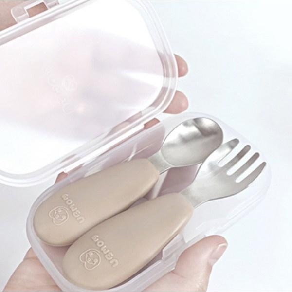 UBMom Infant Stainless Steel Silicone Handle Baby Food Spoon Fork Case Set, Chocolate Rice Cake (Choco), 1 Set