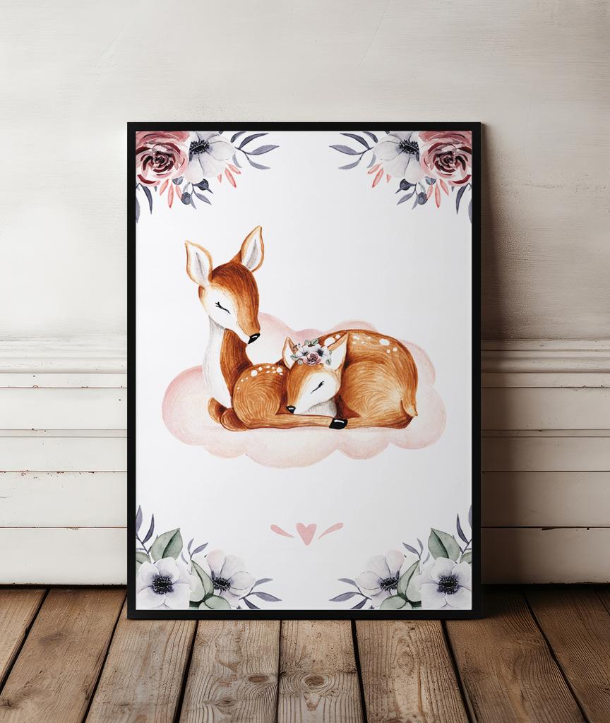 Плакат для ребенка, олень, облачно-розовые постеры