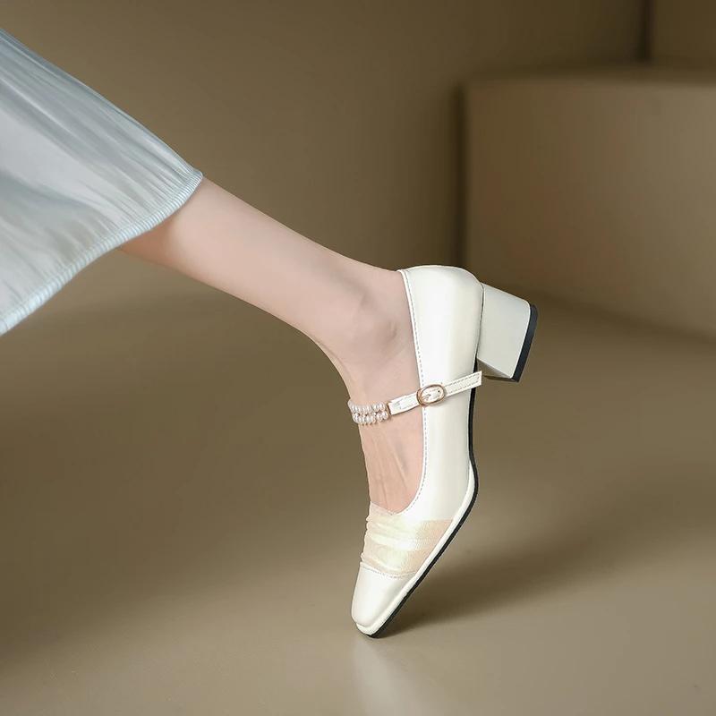 Fashion Elegant Mary Janes Shoes New Designer Square Toe Lace Pearls Buckle Strap Shallow Mid Thick Heeled Pumps Women