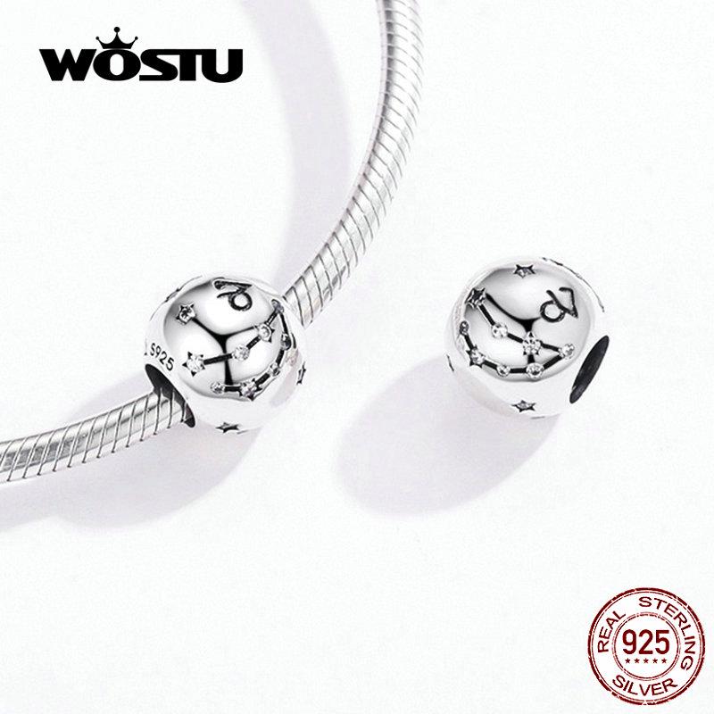 WOSTU 12 Constellation Aries Beads 925 Sterling Silver CZ Charm Fit Original DIY Bracelet Beads