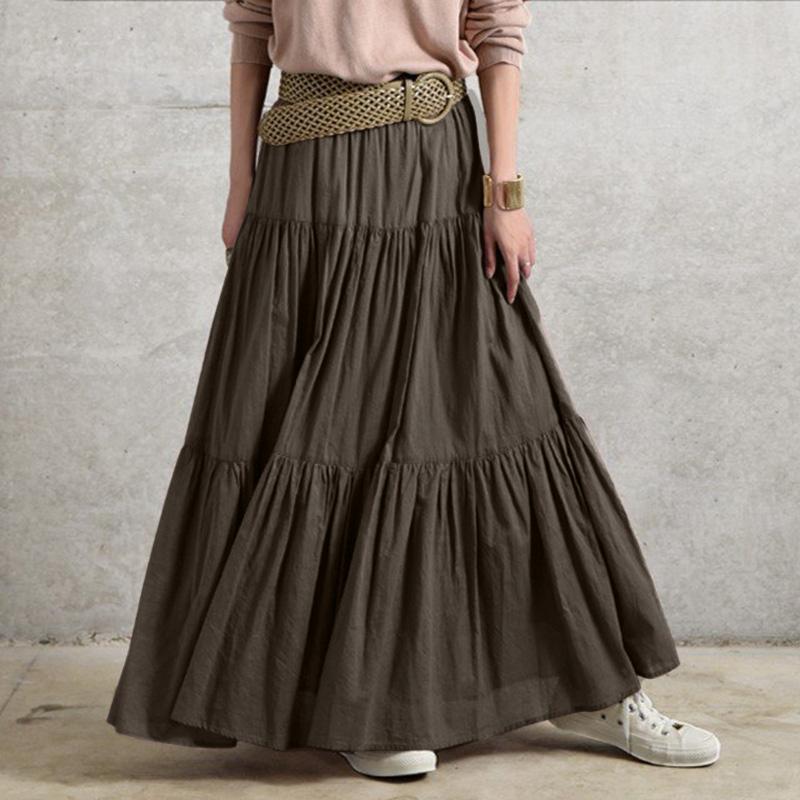 Women Cotton A-line Skirts Summer Loose Casual Elastic Waist Long Skirts