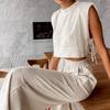 Women 2 Two Piece Matching Set Spring Summer Women Holiday Linen Pant Set Crop Tops Solid Outfits