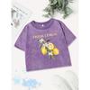 Casual Cotton Crop Tops Womens Fresh Lemon Prints Washed T-Shirts Distressed O-Neck Regular Fit Streetwear Clothes