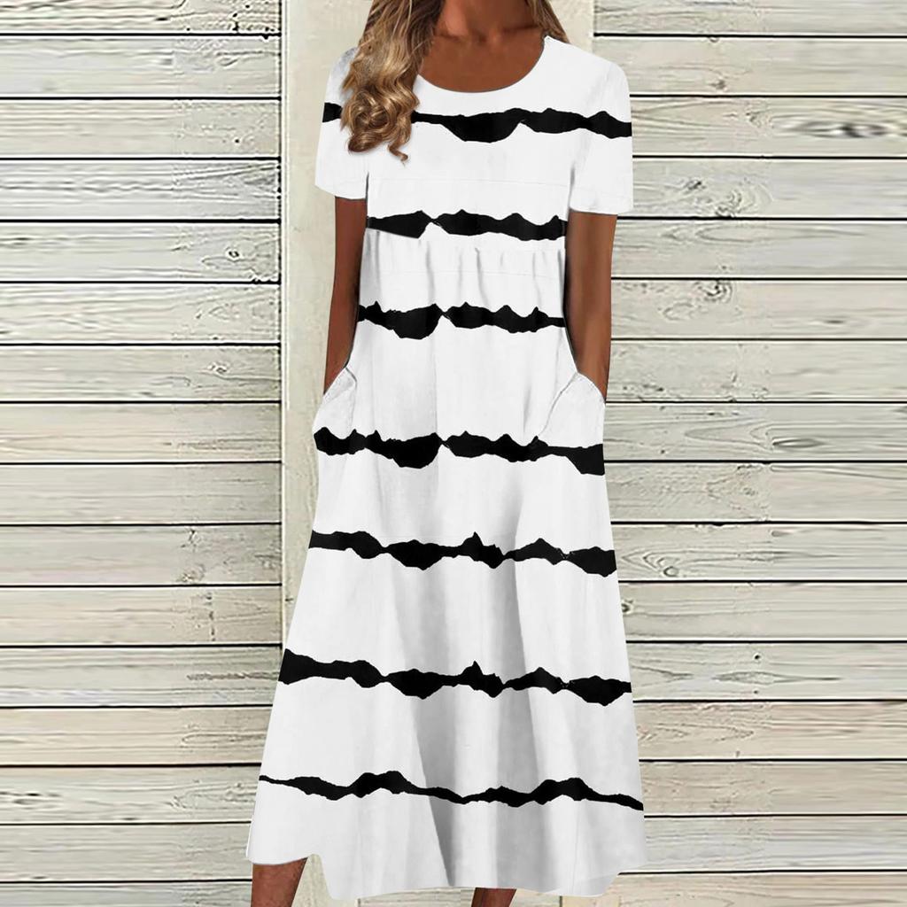 Women's Summer Casual Fashion Printed Short Sleeve Round Neck Pocket Dress