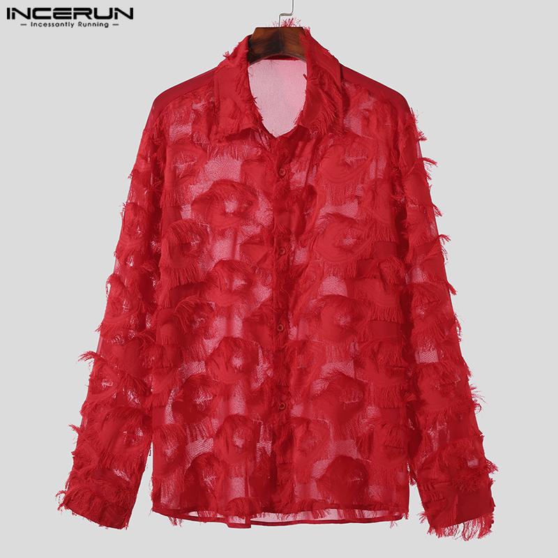 INCERUN Men Long Sleeve Button Up See Through Tassels Shirts Party Tops