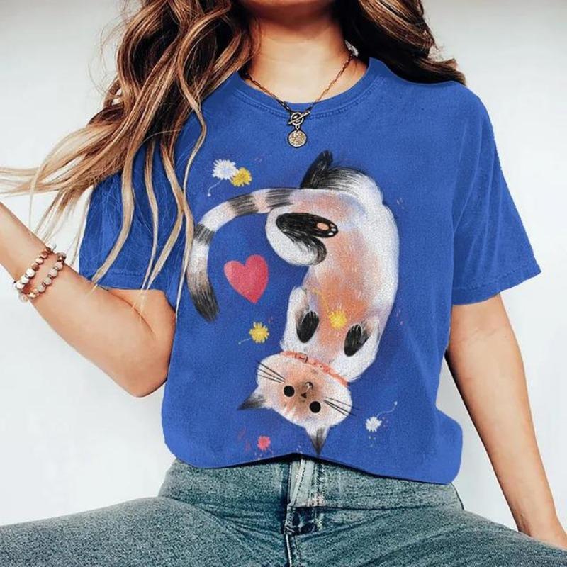 Women's T Shirt Cartoon Cat Pattern Print Summer Casual Short Sleeve Tee Fashion Streetwear Cute Girl Female Oversized Clothing