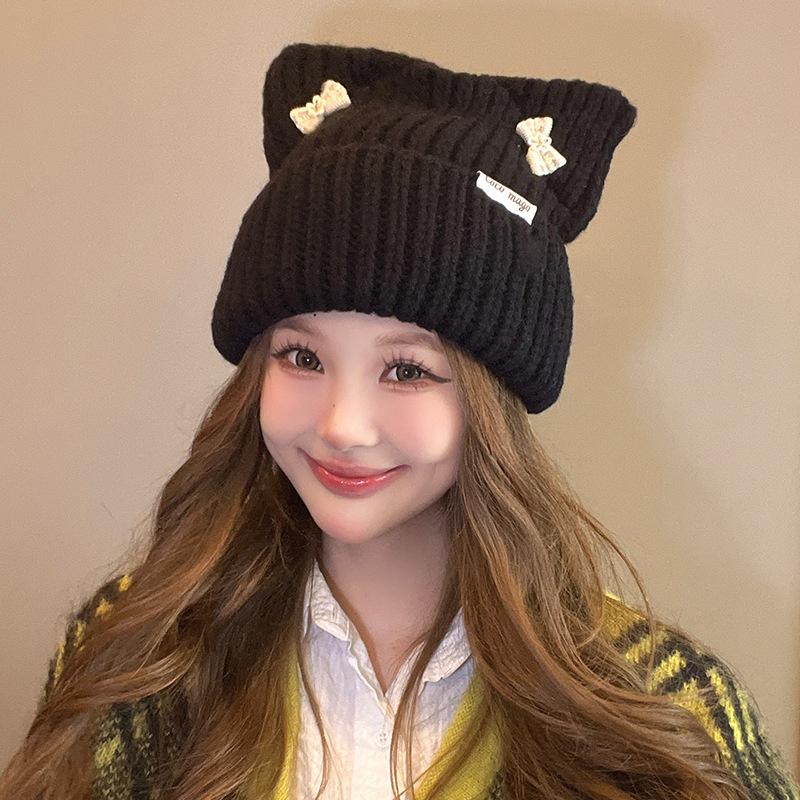Korean Bow Hat Women's Cute Cat Ear Knitted Hat Outdoor Warm Versatile Wool Hat Student Pullover Cold Hat