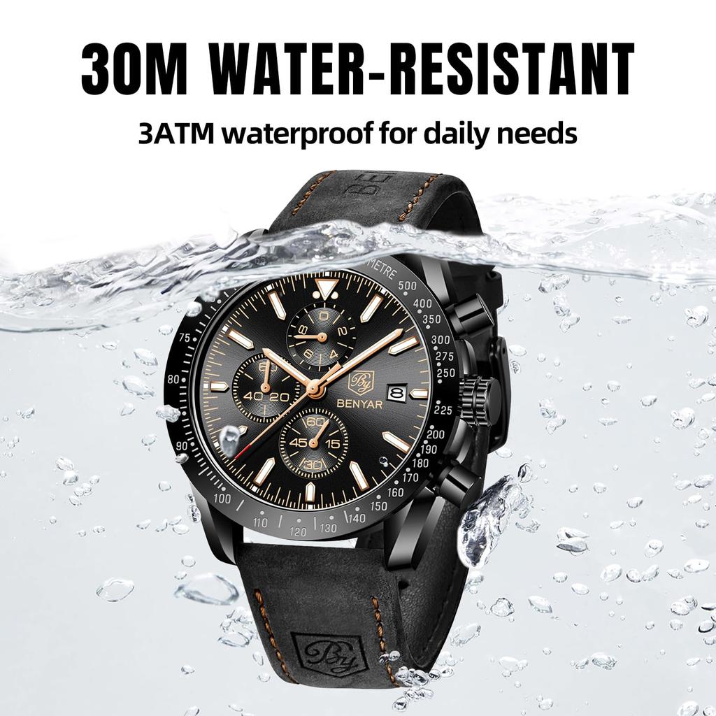 BY BENYAR Watch Watch Chronograph Analog Watch 30M Water Resistant Business Simple Stylish Popular Formal Leather Belt Quartz Watch Gift for Men Brown