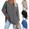 V-neck Long Sleeve Mid-Length T-shirt Top Spring Autumn Solid Color Loose Pullover Top Streetwear