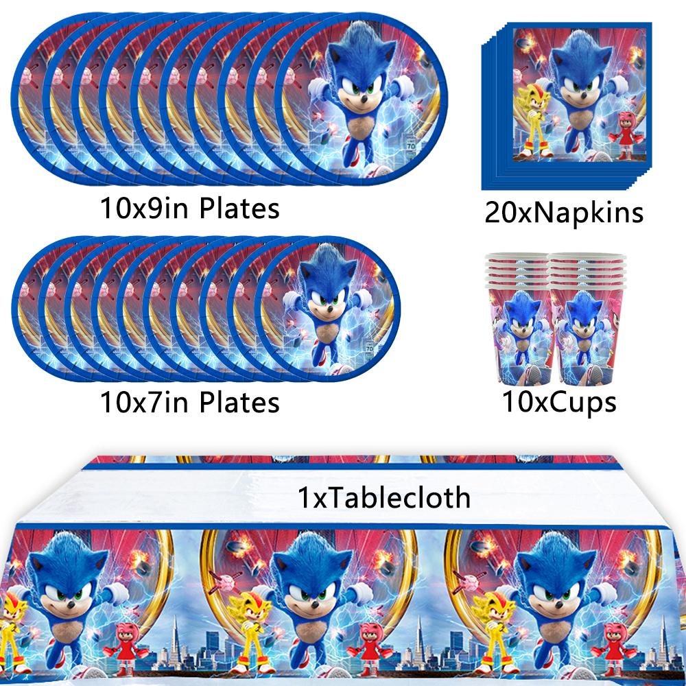 51pcs Sonic Birthday Party Supplies Including Tablecloth, Plates, Napkins Cups