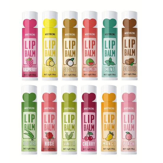 12Pcs/Box Deep Moisturizing Lip Balm 5g Long-Lasting Hydrates Nourishes Repair Lips Balm 12 Flavors Protects Heals Nourishing Lip Care