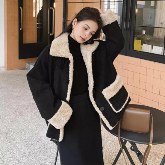 Women Winter Jacket Retro Fleece Contrast Color Thickened Plush Outerwear High Collar