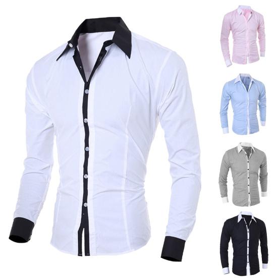 Patchwork Turn-down Collar Men Shirt Top Long Sleeve Buttons Closure Business Shirt Male Clothing