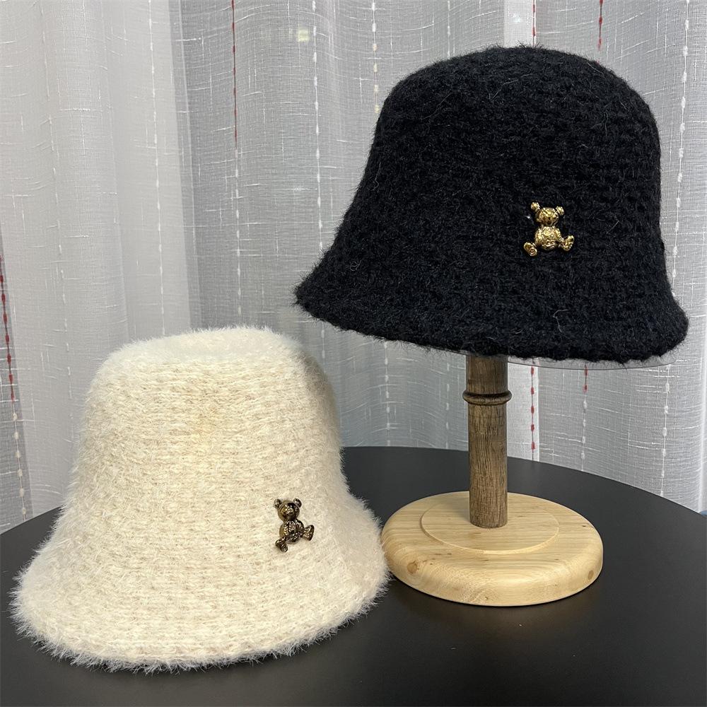 Bucket Hat Plush Hat Female Winter Cute Bear Rabbit Fur Bucket Hat Winter Warm Washbasin Hat Female