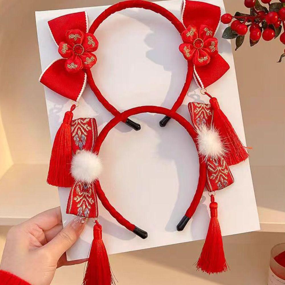 Tassel Hanfu Hair Bun Hair Hoop Plush Ball Red Hairband Simple Chinese New Year Headwear Children