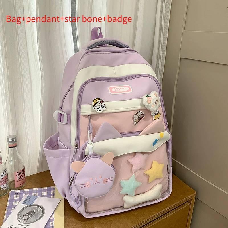Blocked Color Fashion Cat Ear Design Student Backpack With Pendant Badge And