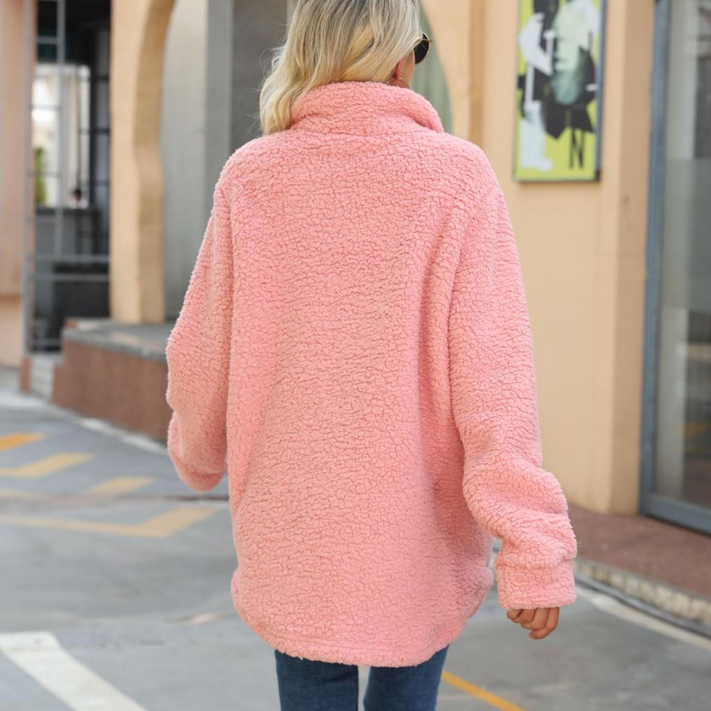 Autumn and Winter Women's Coat Lapel Long-sleeved Loose Buttons Fake Pockets Non-iron Long Plush Coat