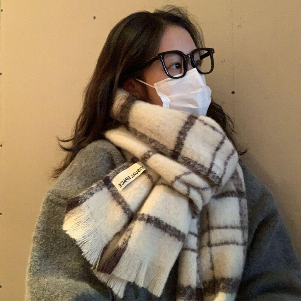 Winter Cashmere Scarves Beige Mohair Tassel Shawls Long Pashmina Plaid Scarf  Girls