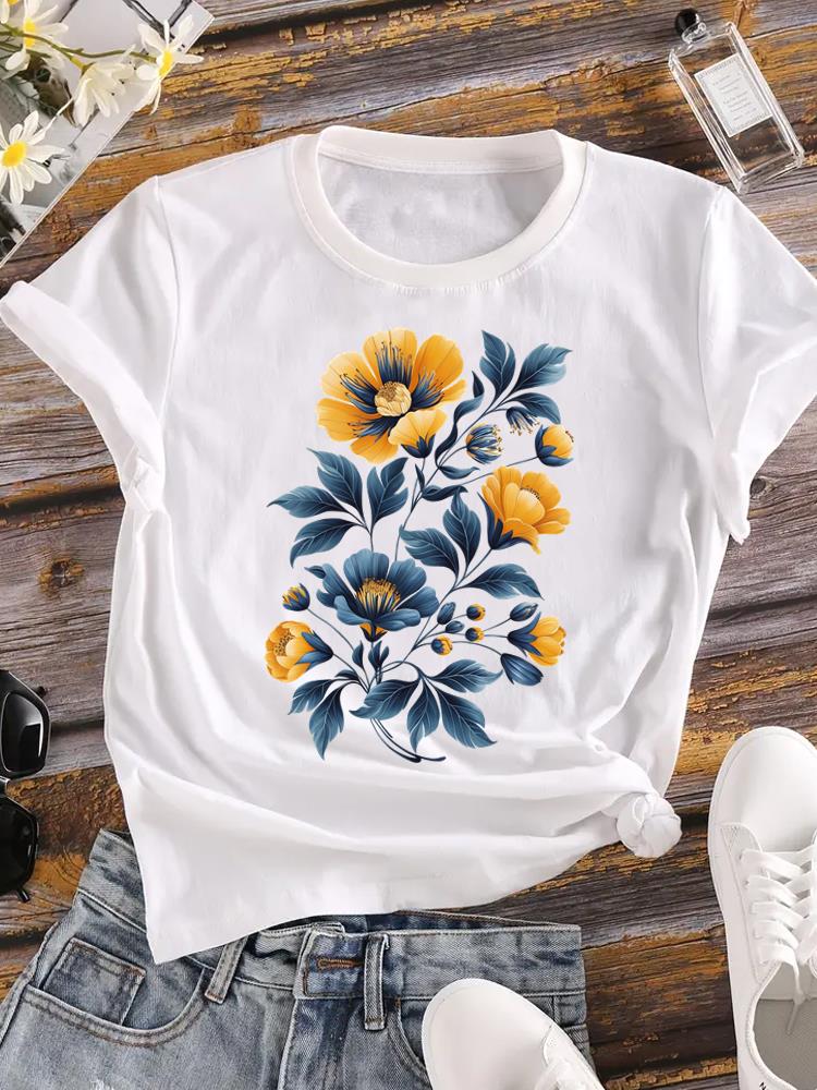 (Asian Size) Clothing T Shirt Love Heart Flower Cute Fashion Ladies Casual Women Tee Top Short Sleeve Print Lady Female Graphic T-shirts