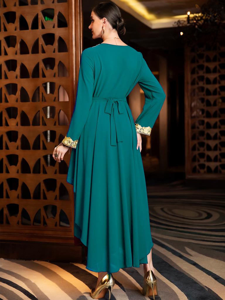 New V-neck Double-layer Chiffon Irregular Dress Stitching Lace Middle East Saudi Arabian Women's Clothing