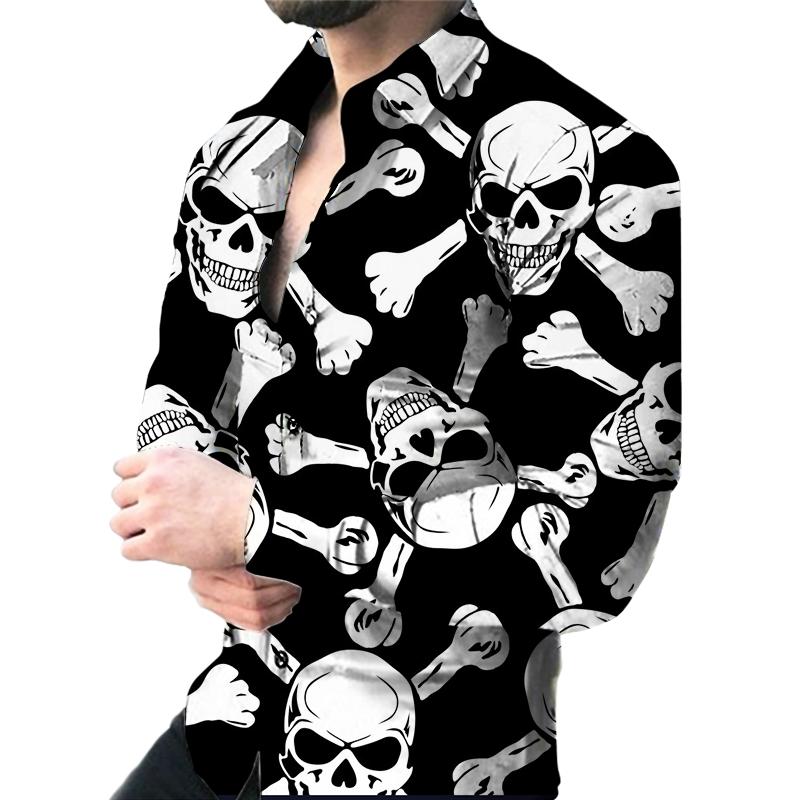 3D Skull Print Men's Long-sleeved Stretch Shirt Vacation Party Shirt