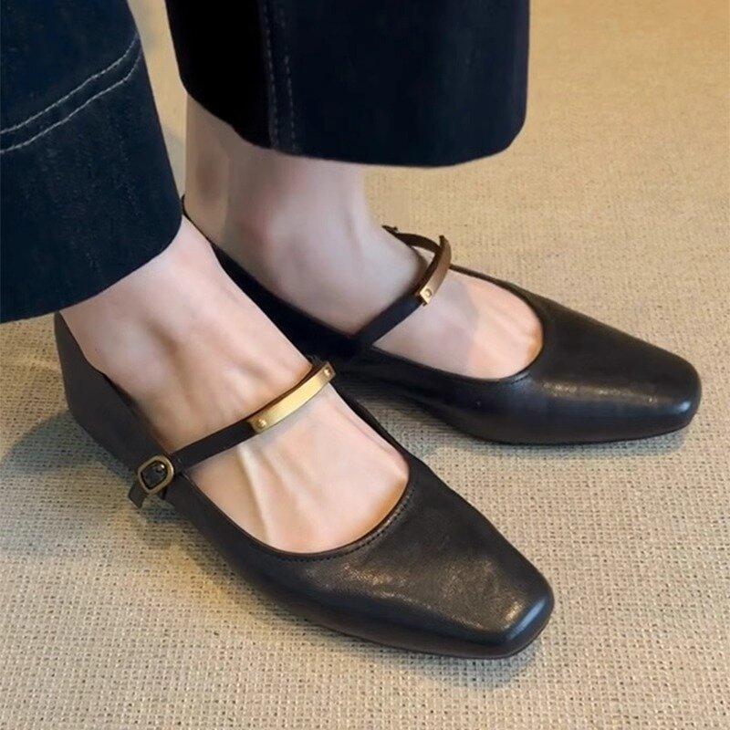 Fashion Mary Jane Shoes Female Genuine Leather New Style Luxury Ballet Shoes Women Square Toe Flat Cowhide Ladies Shoes Zapatos Mujer