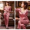 Ice Silk Sleepwear Women Spring Autumn Pajama Sets Clothes Long Sleeve Lace Sexy Silk Pajamas Korean Homewear Sets Pants Loose