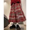 «Женская юбка-трапеция из красной шерсти в клетку с высокой талией 2024 года — японский ретро, средняя длина, облегающий крой»