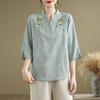 Women's Summer New Loose Jacquard Cotton Linen Stand Up Collar Five Quarter Sleeve T-shirt