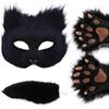 Half-Face Therian Cat Mask, Fake Wolf Fox Tails and Faux Therian Paws Gloves,Furry Therian Gear,Costume for Masquerade Party