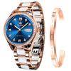 OLEVS Women's Stylish Mechanical Wristwatch with Date Display, Popular Fashionable Dial, and Bracelet, Ceramic Watch, Blue