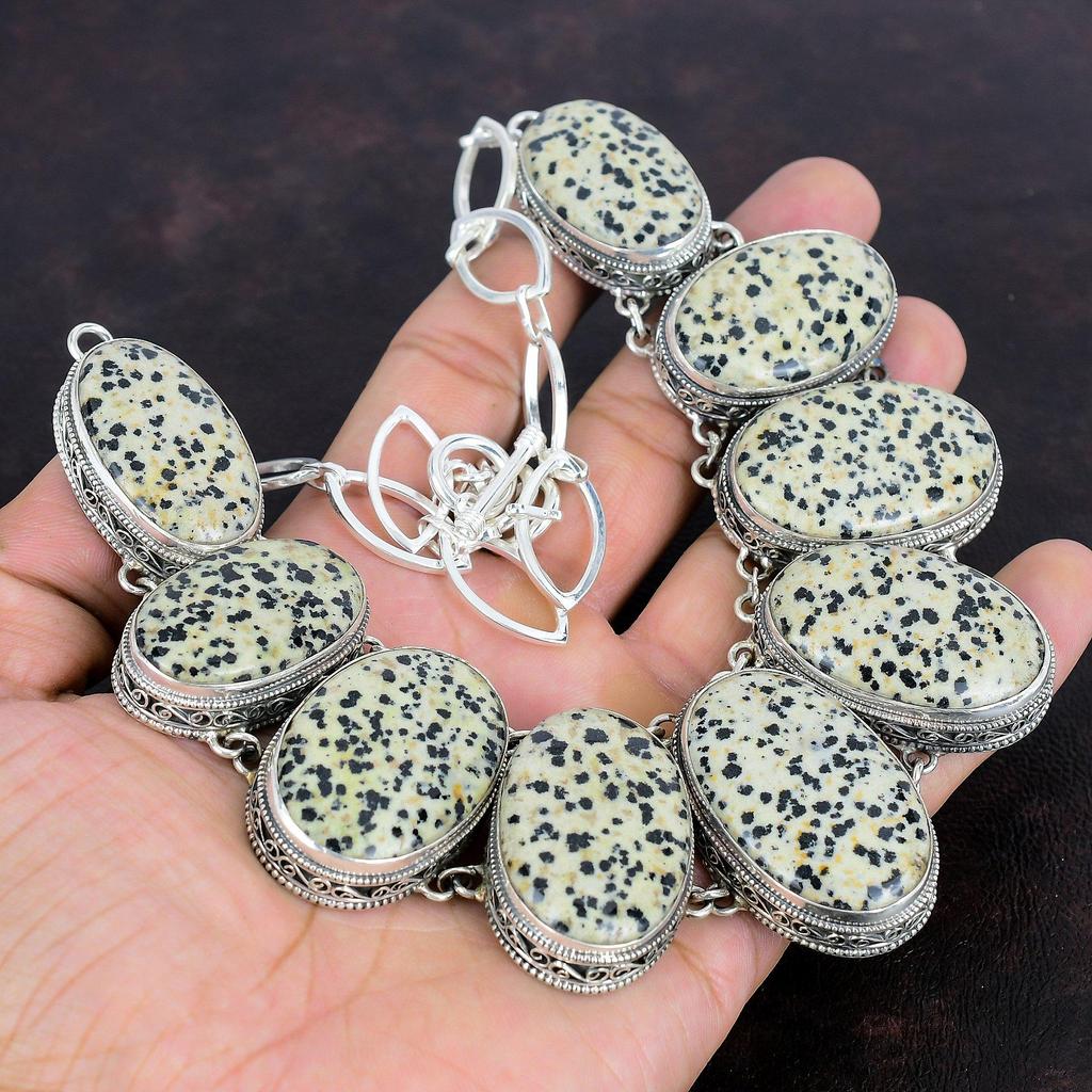 Dalmatian Jasper Gemstone Necklace Vintage Jewelry 925 Sterling Silver Adjustable Chain Necklace Handmade Unique Style Necklace Gift For Her