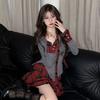 Women Korean Fashion  Aesthetic Y2k Outfits 2 Piece Set Vintage Long Sleeve V-Neck Tops + Mini Plaid Tierred Ruffles Skirts