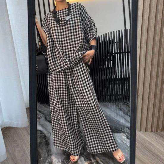 2 Pcs/Set Women Spring Top Pants Set Plaid Print Three-quarter Sleeves Round Neck Split Back T-shirt