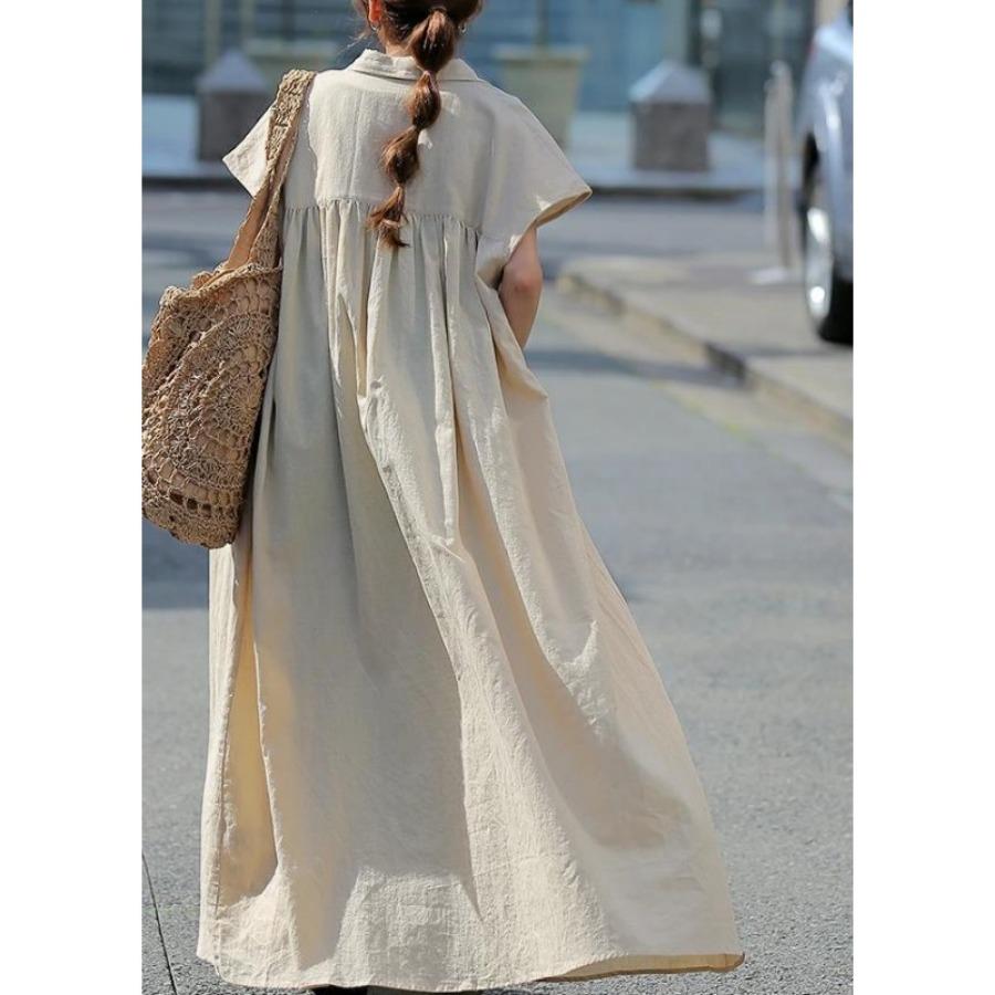 Single Breasted Short Sleeve Cotton Linen Shirt Dress Women's Loose Lapel Solid Casual Maxi Dresses