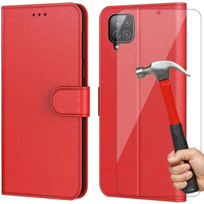 Coque de Protection - PROSHOP - pour Samsung A22 4G - Rouge - Effet Cuir - Anti Rayure- 2 Verres Trempés