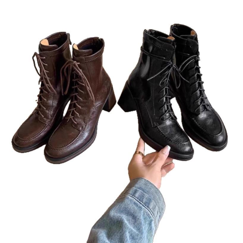 Coarse Heel Heightening Martin Boots Women's 2025 New Versatile Side Zipper Lace-up Short Boots Locomotive Knight Boots