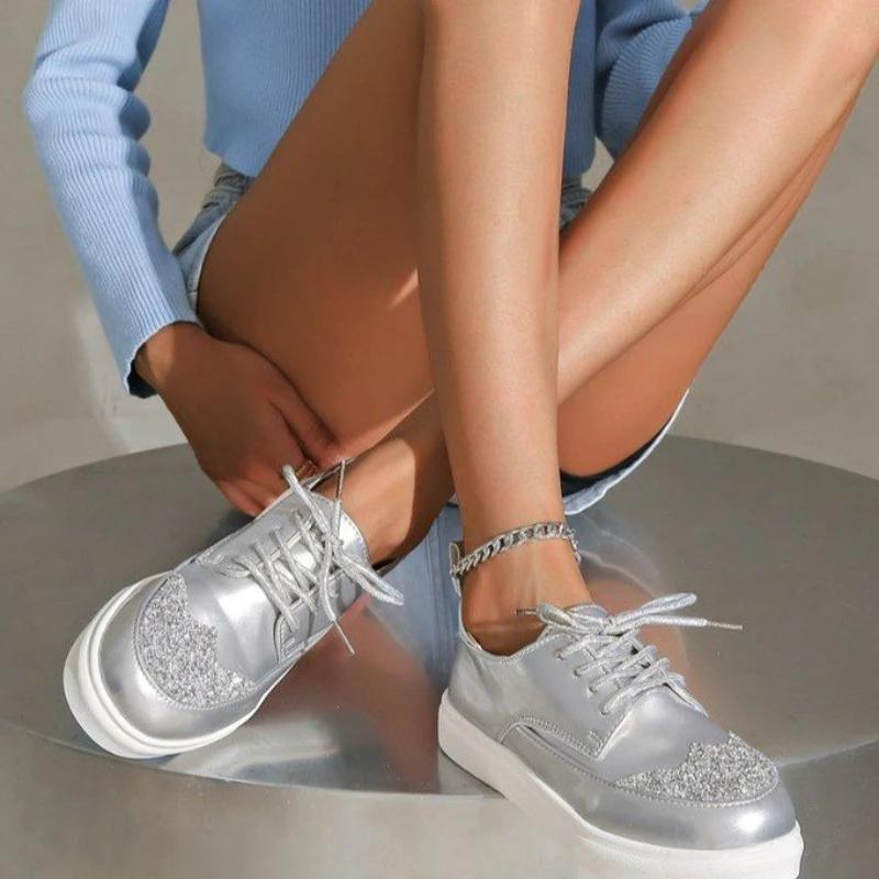 Women Spring Autumn Platform Loafers Woman Round Toe Lace Up Designer Sneakers Sexy Elegant Silver Outdoor Casual Girl'S Shoes