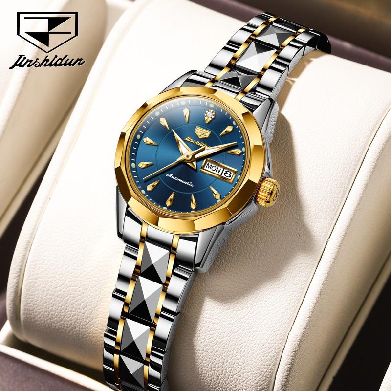 JINSHIDUN New Business and Leisure Ladies Watch Fully Automatic Mechanical Watch Tungsten Steel Double Calendar Luminous Waterproof High-end Watch
