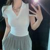 Women's Summer 2023 V-Neck Slim Fit Polo T-Shirt - Short-Sleeved, Solid Color, Sexy & Stylish Top.