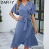 Women's Fashion Summer Spring Solid Color Print Short Sleeve V-Neck Middle Waistline Casual Dresses
