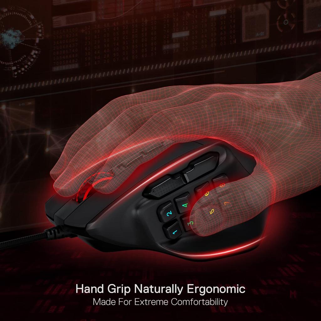 Redragon M811 Aatrox MMO Gaming Mouse 15 Programmable Buttons Wired RGB Gamer Mouse Ergonomic Natural Grip Build 10 Side Macro Keys Software DIY