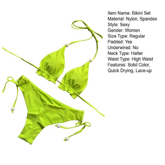 2Pcs/Set Sexy Women Bikini Set Solid Color Halter Bra High Waist Lace-up Briefs Set Push Up Swimsuit Quick Drying Beach Wear