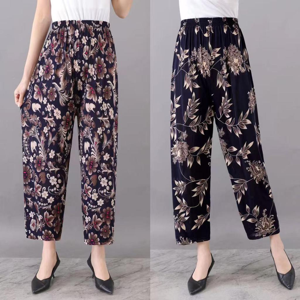 Casual Summer Women's Plus Size Ice Silk Stretch Pants - Loose, High Elastic Waist for Middle-Aged and Elderly
