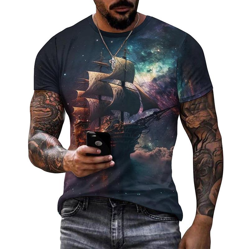 Летние мужские футболки, повседневная свободная футболка с принтом парусной лодки, пиратского корабля, 3D-принта, с круглым вырезом и коротким рукавом, мужская футболка большого размера, качество