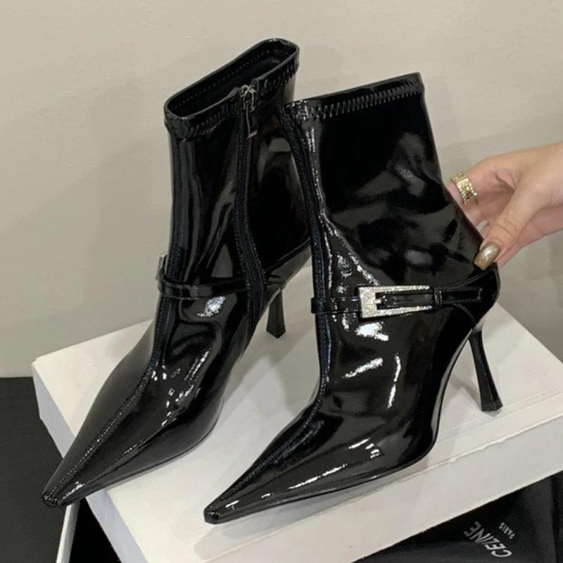 Luxury Crystal Buckle Design Sexy Pointed Toe Women's Ankle Boots Patent Leather Side Zipper Short Boots Ladies Banquet Heels
