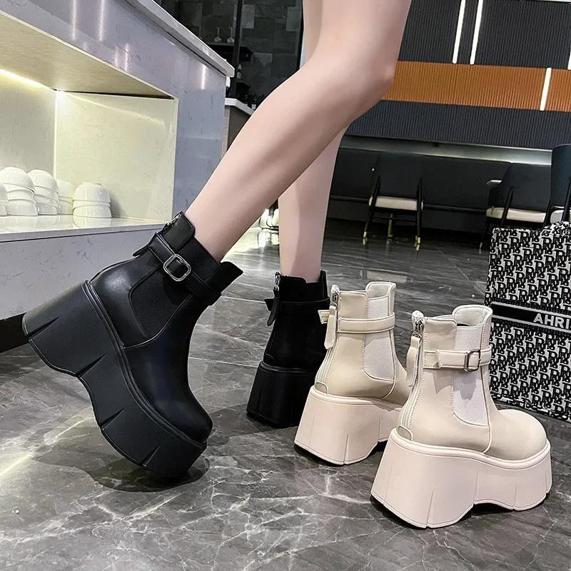 High Platform Ankle Boots Women Chunky Heel Chelsea Boots PU Leather Back Zip Belt Buckle Design Black Short Boots Botas Mujer