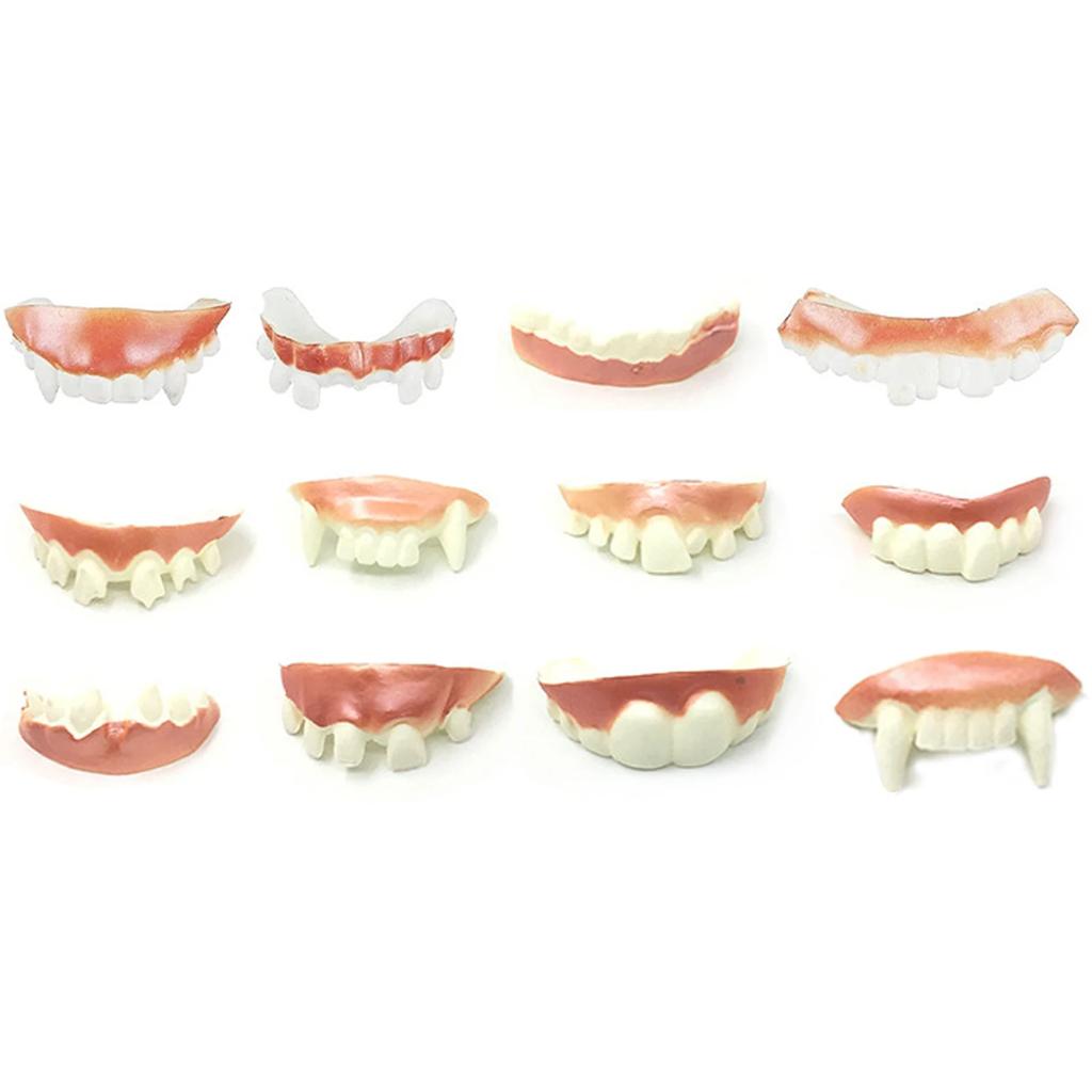 12 Types of Dentures for Halloween Cosplay Makeup Party Prank Funny Ghost Festival Crooked Teeth Soft Rubber Teeth Prank Prop