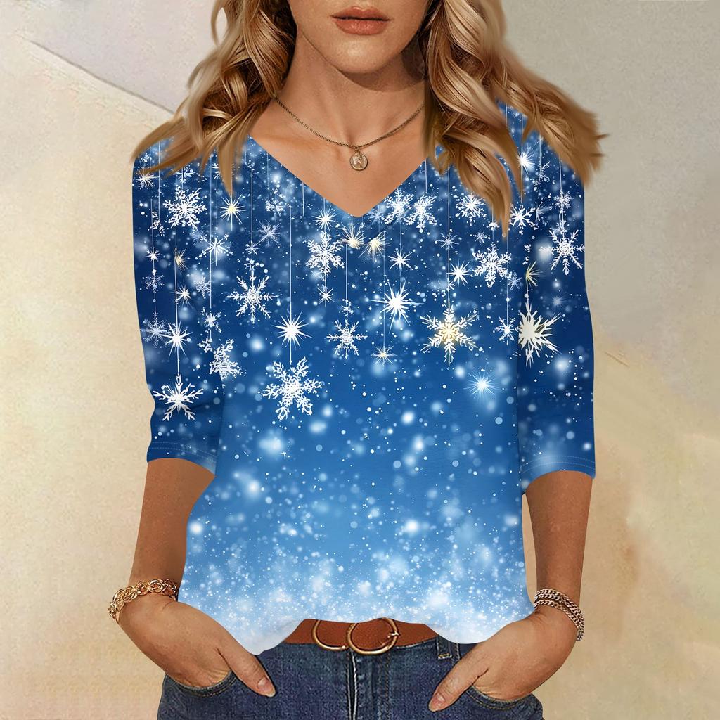 Women's T Shirt CHristmas Print 3/4 Sleeve Daily Weekend Fashion Basic V- Neck Regular Top