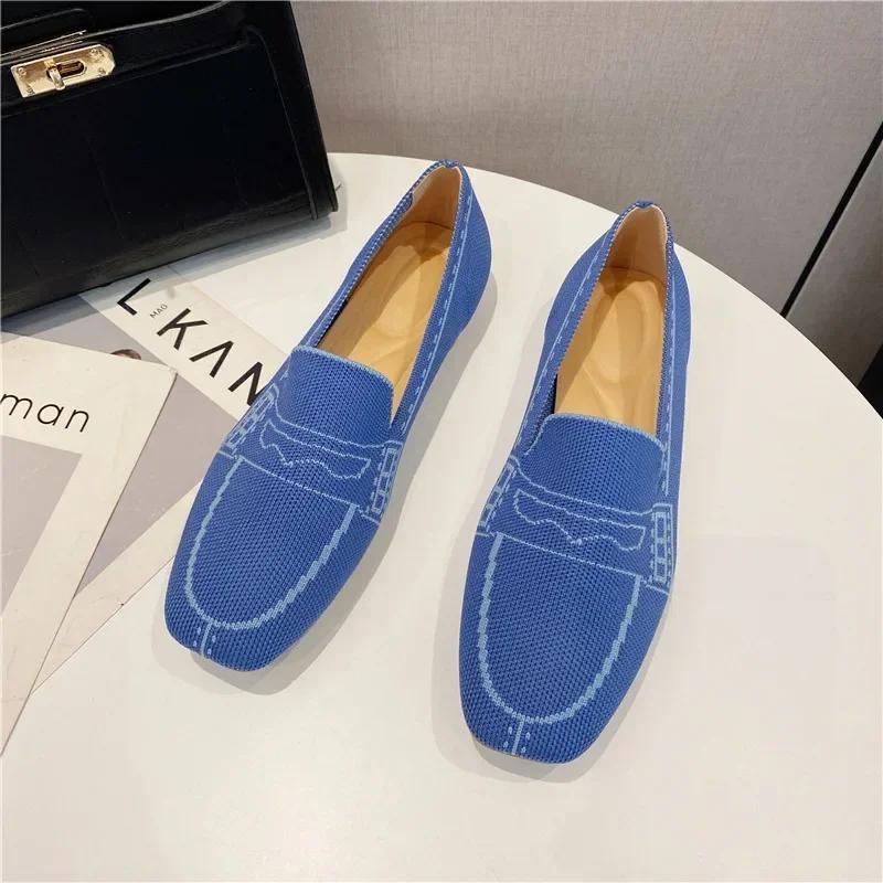 Weaving Princess Shoes Fashion Square Toe Casual Ballet Flats Shoes Women's Knitted Flat Bottom Soft Sole Walking Shoes 2024